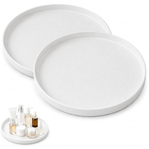 2 Stück Deko Tablett Rund 30 cm – rutschfeste Serviertablett Servierplatte | für Dessert & Teller, dekorative Tischdeko, Kosmetik Organizer & Schmucktablett, Kerzenhalter, rundes weißes Dekotablett