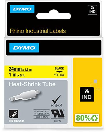 DYMO Rhino Industrie Schrumpfschlauch-Kabeletiketten | 19 mm x 1,5 m | Schwarz auf gelb | für DYMO Rhino Beschriftungsgerät