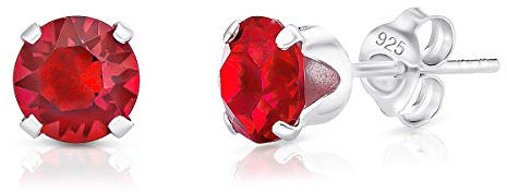 Pendientes Mujer Plata de Ley 925 con Brillantes de Cristales Rojos 6 mm - Pendientes de Botón Pequeños Plata Ley 925
