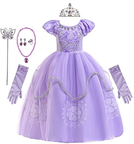 REXREII Girls Kids Princess Sofia Costume Fancy Dress Halloween Christmas Party Birthday Evening Ball Gown w/Gloves Accessories 8-9T