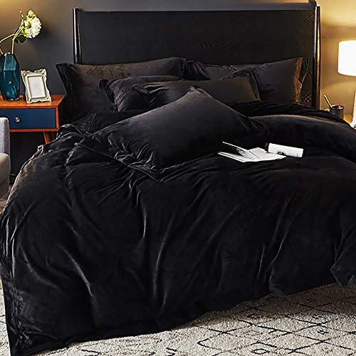 Omela Winter Bettwäsche 135x200cm Warm Fleece Plüsch Bettbezug Set Schwarz | Oeko-TEX zertifizierte, mit Kissenbezug 80x80 cm, Cashmere Touch, Flauschig, Winterbettwäsche Set, Reißverschluss