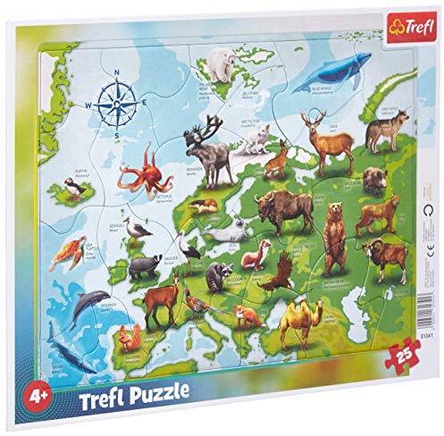 Trefl, Puzzle, Rahmenpuzzle mit Unterlage, 25 Teile, Europakarte mit Tieren, für Kinder ab 4 Jahren, 31341, Farbig