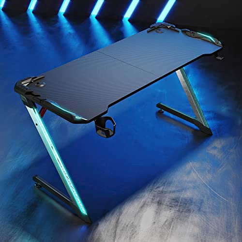 SONNI Gaming Tisch 140cm, Gaming Schreibtisch mit LED, Gaming Desk, Z-förmiger Stabiler Bein, mit Getränkehalter und Kopfhörerhalter, 140x60x75cm Schwarz
