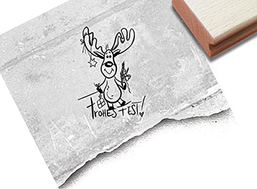 Stempel Weihnachtsstempel Elch mit Frohes Fest - Textstempel Weihnachten Tier Karten Geschenkanhänger Basteln Weihnachtsdeko Geschenk - zAcheR-fineT (klein ca. 28 x 39 mm)
