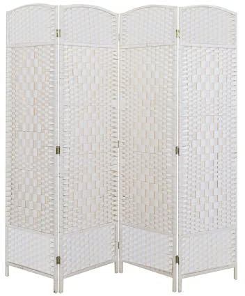 LW Collection Paravent Raumteiler Weiß Rattan - Raumteiler 4 Paneele - Trennwand 170x160cm - Paravent Fertig