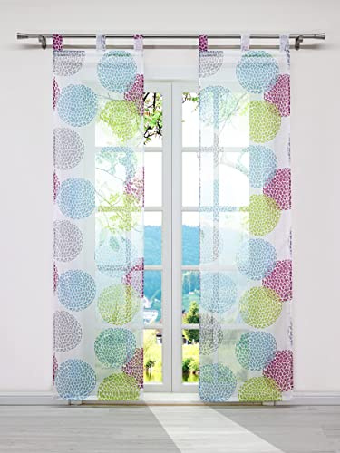 ESLIR Schiebegardinen Set 2er Flächenvorhänge mit Klettband Gardinen mit Schlaufen Schiebevorhang Voile Schlaufenschal Transparent mit Kreis Muster Bunt BxH 57x145cm 2 Stück