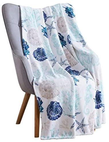 Ocean Coastal Shells Throw Blanket, Nautical Blues Beige on White, 50x70