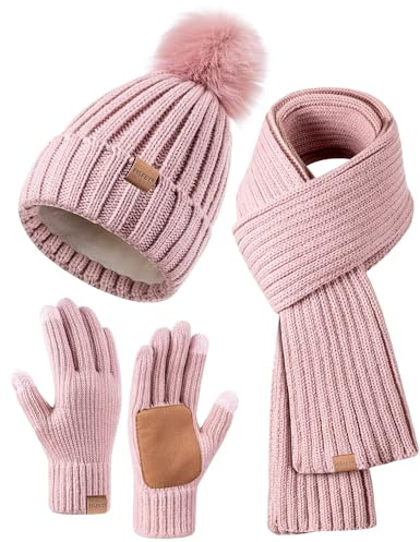Winter-Set für Damen mit Mütze, Schal und Handschuhen, Mütze mit Bommel, langer Schal, Touchscreen-Handschuhe, 3-in-1-Set, Pink, Einheitsgröße