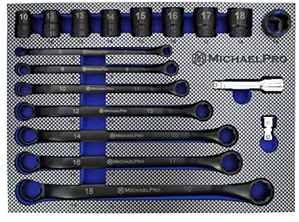 MichaelPro MP001218 18-Piece Double Ring Spanner Set, Black Oxide Bolt Extractor Offset Spanner and Socket Set, Swan Neck Spanner Set, Offset Spanner, Ring Spanners, Metric