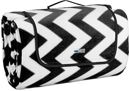 Relaxdays XXL picknickfilt, 200 x 300 cm, isolerad, vattentät, mönstrad fleece strandfilt, bärhandtag, svart-vit