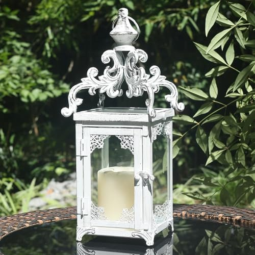 DECORKEY Large Candle Lantern, Decorative Hanging Lantern, Vintage Metal Tabletop Lantern for Outdoor Patio Rustic Home Decor, Candle Holders with Clear Glass (White)