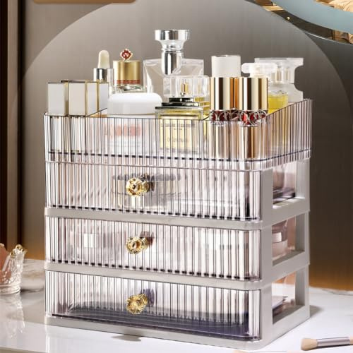 MIUOPUR Makeup Organizer with 3 Drawers, Clear Bathroom Counter Organizer, Skincare Organizer for Vanity Countertop, Cosmetic Display Case, Ideal Choice for Storing Lipsticks, Nail Polishes, Perfumes