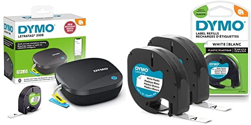 DYMO LetraTag 200B-Beschriftungsgerät mit Bluetooth | kompakter Etikettendrucker in Weiß & Original LetraTag Etikettenband | schwarz auf weiß | 12 mm x 4 m
