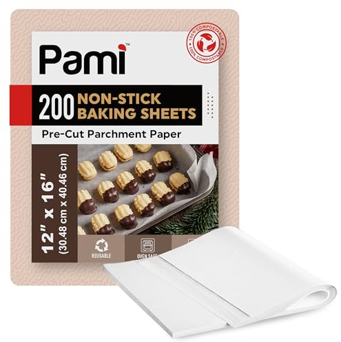 PAMI Disposable Non-Stick Cookie Sheets for Baking 200 Pre-Cut Parchment Paper Sheets (12X16) for Cooking, Oven, Air-Fryer, Grilling, Freezer Safe