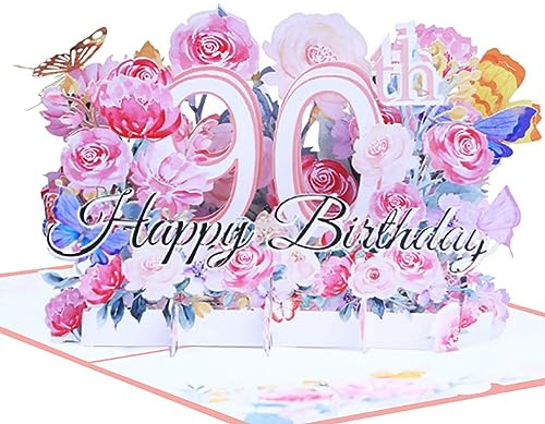 Geburtstagskarte zum 90. 3d blume pop up geburtstag karte Grußkarten Geschenk-Karte mit Umschlag Happy Birthday Greeting Card für neunzig 90 jahre frau, Mütter, Freunden, Familie women wife (Rosa)