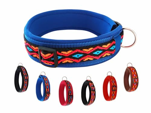 Buddypack-Hundehalsband breit und weich gepolstert (Blau-Bunt, M) | 4 cm breit für kleine, 5 cm breit für große Hunde, Größe verstellbar, stabiler Klickverschluß, Neopren-Polster, fellschonend