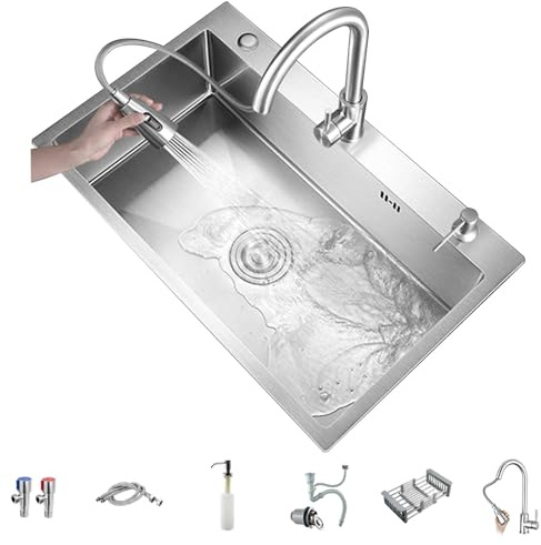 Évier de Cuisine en Acier Inoxydable 80 x 45 cm Evier Cuisine 1 Bac Inox Évier à Encastrer Évier en acier inoxydable brossé,évier simple argenté convient aux hôtels,égouttoir et tuyau d'égout ( Color