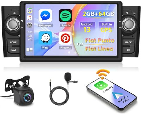 Inefala 2+64GB Android 15 Autoradio per Fiat Punto 2005-2009 per Fiat Linea 2007-2011 Stereo 7 Pollici Schermo Touchscreen con Wireless Carplay Android Auto con Bluetooth, GPS, SWC, Retrocamera AHD
