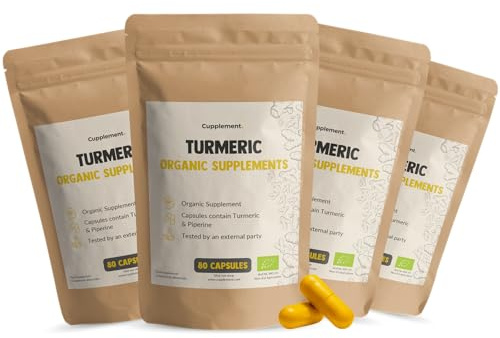 Cupplement Kurkuma Kapseln 600 mg Biologisch Kombideal 4x 80 Capsules - Mit schwarzem Pfeffer – Widerstandsfähigkeit – Kurkuma – 40-Tage-Vorrat pro Beutel