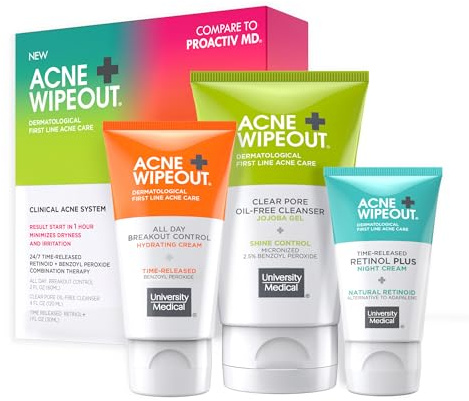 Acne Wipeout Clinical Acne System Kit - Combination Therapy Acne Treatment - Clear Pore Oil-free Cleanser, Retinol Plus Night Cream and All Day Breakout Control Acne Cream