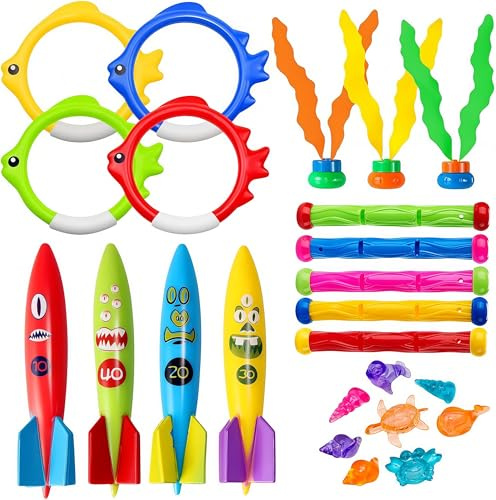24Pcs Pool Diving Toys Set,Underwater Diving Toys Swimming Pool Toys Set Water Toy with Diving Torpedoes Dive Sticks Toys Bandits Diving Seagrass Marine Gem Diving Games Underwater Pool Rings for Kids