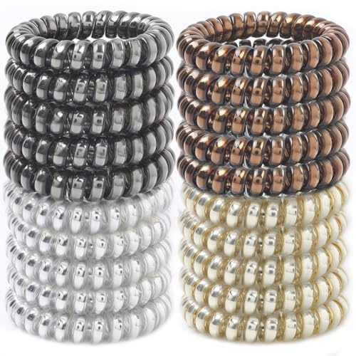 Spiral Hair Ties 20 Pieces No Crease Coil Elastics - No Damage Phone Cord Ponytail Holders, Traceless Plastic Bands, Spiral Bracelets (Bright Metallic Color)