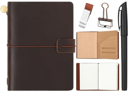 Thenshop Resenärer påfyllningsbar läderjournal anteckningsbok 13 x 11 cm brun resedagbok, handgjord pass- och resenärsdagbok för män och kvinnor med 3 anteckningsböcker, pennhållare, pärmklämma