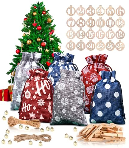 24 Sacchetti Calendario Avvento, Sacchetti Regalo Fai da Te Vuoto da Riempire per Bambini Donna, Stoffa Borse Coulisse Appendibile con Numeri, Clip, Corda per Conto alla Rovescia Decorazioni