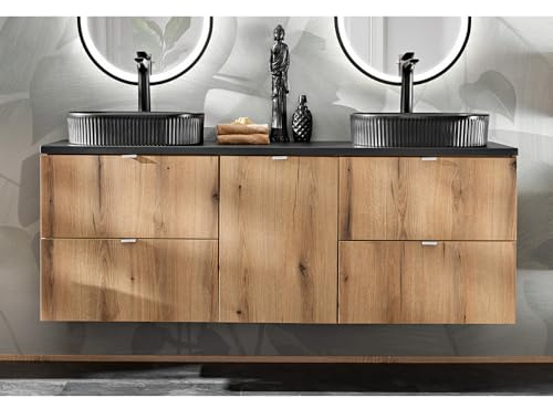 Lomadox Badezimmer Doppelwaschtisch 160cm, in Eiche und schwarz, geringe Tiefe (40cm)