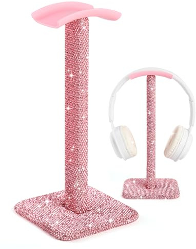 Pulchrum Luxury Rhinestone Headphone Stand – Cute Crystal Headset Holder for Gamer Girl Desk Setup – Bling Kawaii Desk Accessories with Soft Headrest – Aesthetic Gift for Daughter & Girlfriend (Pink)