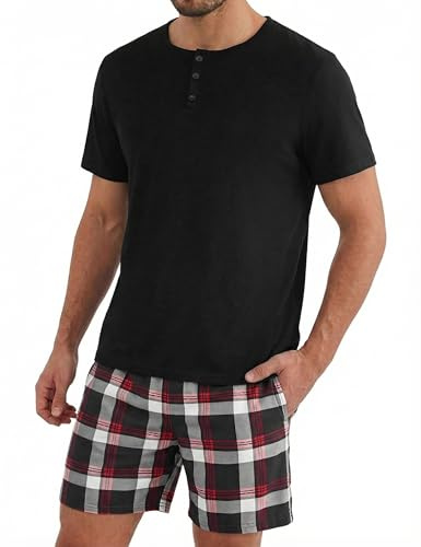 Uniexcosm Pijama Corto de Hombre Verano Conjunto de Pijama Hombre Corto Manga 2 Piezas Ropa de Dormir Camisetas Manga Corta y Pantalones Cortos a Cuadros Negro XXL