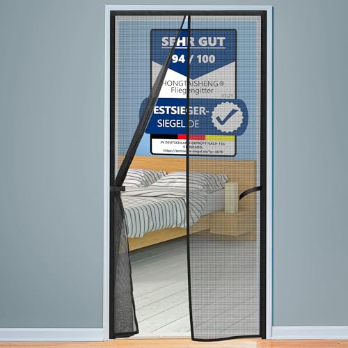 HONGTAISHENG Fliegengitter Tür Magnet, 100x215cm Insektenschutz Balkontür Automatisches Schließen, Fliegenvorhang Ohne Bohren für Wohnzimmer Schiebetür Terrassentür, Katzenkrallen Sicher, Schwarz