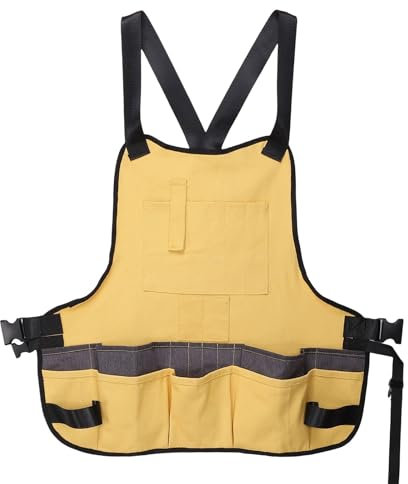 sourcing map Canvas Work Tool Apron 22.8x22 Adjustable Belt Workshop Bib Aprons with 21 Pockets for Men and Women Woodworking Pouch, Yellow