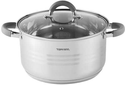 Marmite en Acier Inoxydable 4L avec Couvercle en Verre et Poignées en Silicone, Casserole à soupe 22cm, pour Induction, Gaz