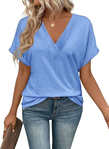Cuptacc Kortärmad T-shirt dam V-ringad blusar dam sommar elegant lös basic topp, Blå, S