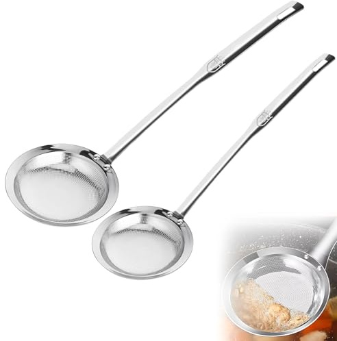 Fine Mesh Stainless Steel Sieve Colander(2 Pack, Large+Small), Mesh Strainer for Cooking Oil, Skimmer Spoon Filte Grease Foam, Food Strainer Kitchen Gadgets