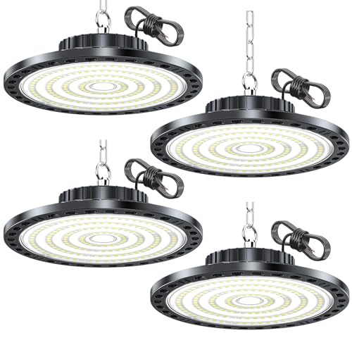 HAPYLUMI UFO LED Hallenstrahler 100W 10000lm 6500K IP65, 4 Stück | LED Werkstatt Deckenleuchte mit Treiber, Industrie Hallenbeleuchtung Kaltweiß, High Bay Licht für Garage Fabriken Lager