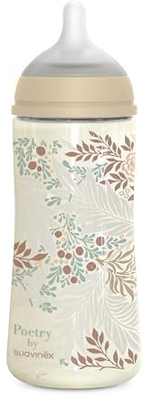 Suavinex, biberon da 360 ml, con tettarella fisiologica SX Pro in silicone, valvola anticolica, flusso denso (L), per liquidi a densità densa, adatto per pappe liquide. Neonati +6 mesi. Poetry, Beige