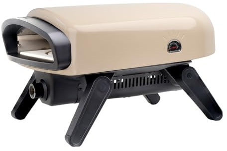 SANTOS Pizzaofen O-140 Beige mit Motor – Gas-Pizzaofen 4,7 kW – Drehteller & 360° Bräunung – Cordieritstein Ø35cm – 500 °C – Outdoor – klappbar