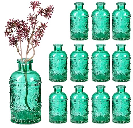 Relaxdays glasvas, set med 12, för bord, vintage design, H: 13 x 6 cm, dekorativa miniflaskor för blommor, grön