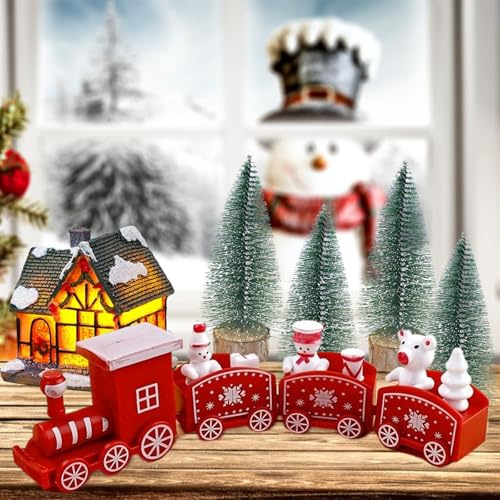 BNOYONERAS Trenino Natalizio, Villaggio Natalizio Luminoso, Mini Decorazioni per Il Treno di Natale, DIY Decorazioni Natalizie, Mini Alberi di Natale Artificiali, LED Casette in Miniatura Natale