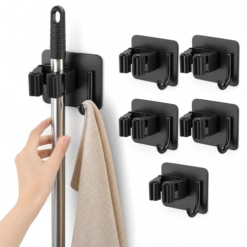 Anhoer 6Pcs Stainless Steel Mop and Broom Holder Wall Mounted, No-Drill Self Adhesive Tool Organiser with Hooks for Kitchen, Bathroom, Garage & Utility Room (Black)