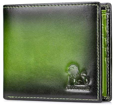 STEELLION Men's Cowhide Leather RFID Wallet, Slim Bifold (Green)