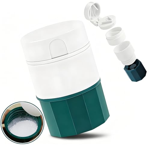 Tablettenmörser Pillenmörser zerkleinerer 4 in 1, Pillenschneider mit Mörser & Aufbewahrungsdose, Einfach zu Bedienen für Senioren, Medikamenten-Helfer für Reise und täglichen Gebrauch (BPA-Frei)