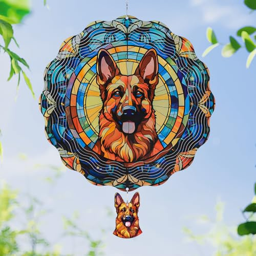 Riletese German Shepherd Wind Spinners Outdoor - 3D Cute Dog for Women, Wind Spinner for Yard Patio Ornament Garden Decor, 12 Inch Hanging Kinetic Metal Wind Spinners Sculpture