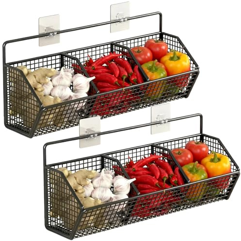 YOFAPA 2 Pcs Wall Mounted Kitchen Storage Baskets, 14.17 in Metal Storage Baskets with Three Section Wire Basket, Vegetables Veggie Produce Holder for Kitchen, Black