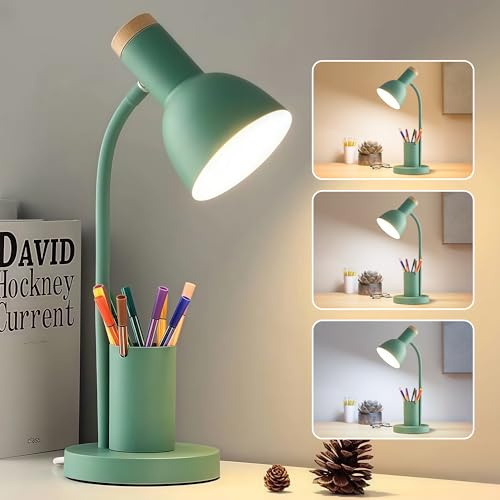 CRCTREND LED Schreibtischlampe mit Stifthalter,augenschonende Tischlampen 3 Farbmodi Leselicht Metall-Studienlampe, Niedliche Tischlampen für Zuhause Büro Nachttisch Schlafsaal (Grün Tischlampen)