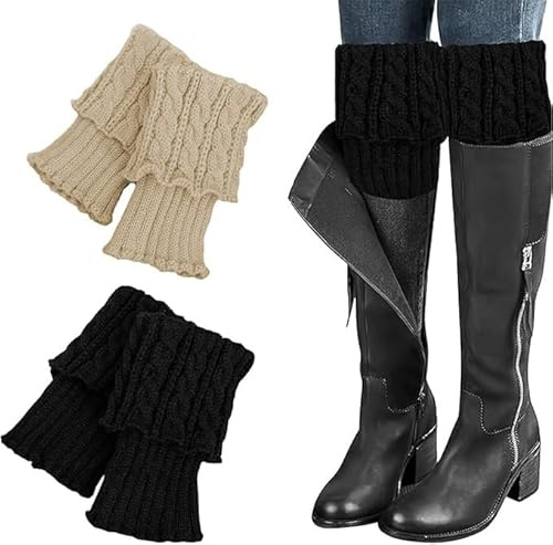 FangBoJie 2 Paare Stulpen Damen Winter Beinwärmer, Leg Warmersm, Weiche Strickstulpen, Stricken Häkelarbeit Kurze Pulswärmer Mädchen Stiefel Boot Abdeckung für Winterwärmer (Schwarz, Beige)