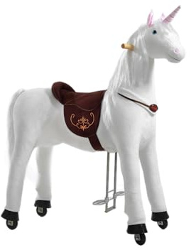PONNIE Einhorn mit Rollen XL (9-99 Jahre), Unicorn zum Reiten mit Abnehmbarer Braun Sattel und Halfter mit Zaumzeugund Kämmbare Mähne und Schwanz, Plüschpferd zum Reiten für Kinder PRO