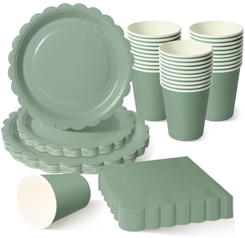 ZblPyro Anniversaire Vaisselle de fête 120 Pièces Vert Herbe à Bord Festonné Set Jetable pour 30 Invités - Assiettes 9 & 7, Gobelets, Serviettes en Papier pour Fête, Anniversaire, Mariage